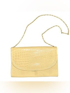Vintage Cream Croc Embossed Clutch Purse Gold Chain Strap Magnetic Snap
